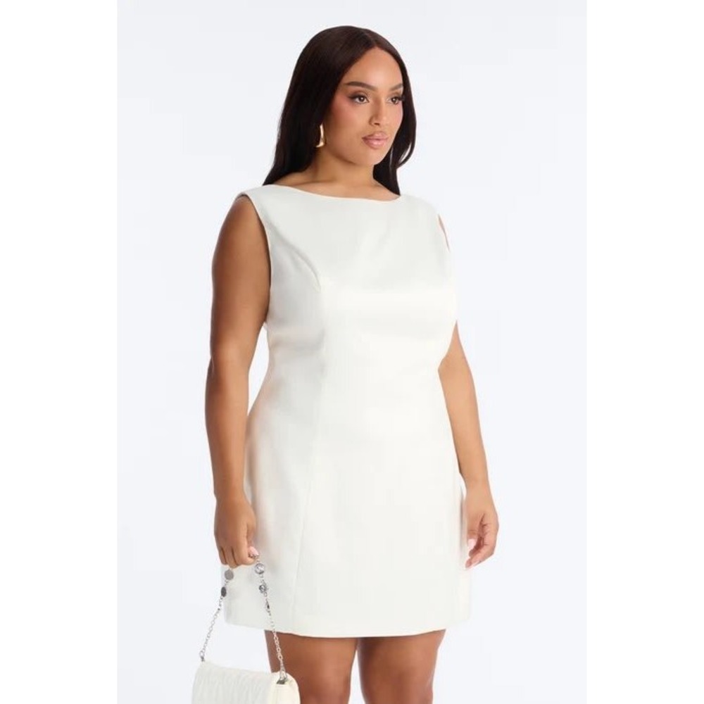 Fashion Nova Darling Bow Satin Backless Mini Dress Off White 1X Bridal Mod